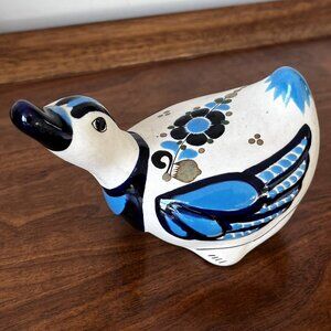 Mexican Pottery Duck Figurine Hand-Painted Blue Signed Folk Art Mexico Flower 5"